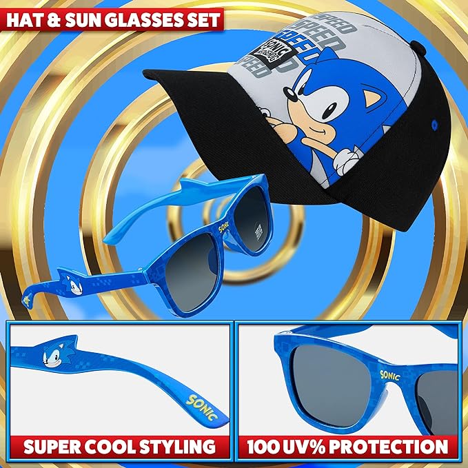 Sonic The Hedgehog Baseball Cap and Kids Sunglasses Summer Holiday Accessories Set Adjustable Strap Boys Cap 100% UV Protection Kids Sunglasses Sonic Gifts for Boys - British D'sire