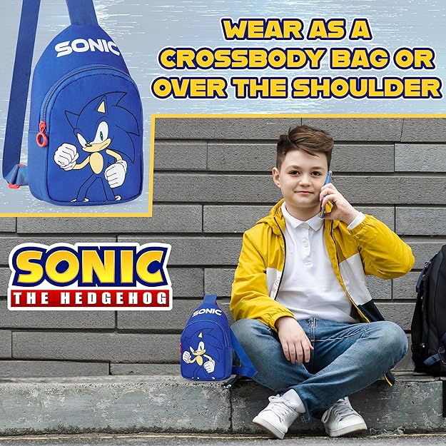 SONIC THE HEDGEHOG Boys Crossbody Bag with Zipped Compartment & Adjustable Strap, Sling Bag - Gamer Gifts - Cross Bag - British D'sire