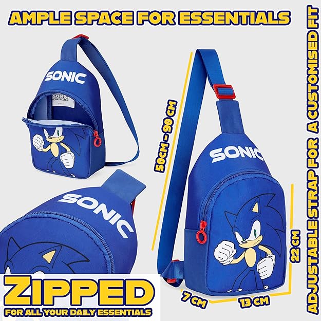 SONIC THE HEDGEHOG Boys Crossbody Bag with Zipped Compartment & Adjustable Strap, Sling Bag - Gamer Gifts - Cross Bag - British D'sire