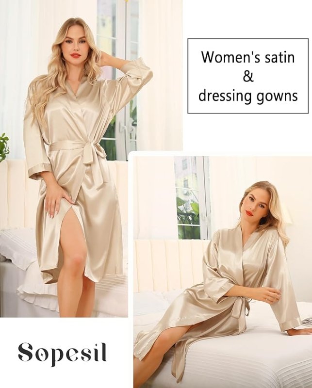 Sopesil Women's Satin Dressing Gowns Long Ladies Kimono Morning Robes Bridal Soft Wedding Party Sleepwear V - Neck - Robes - British D'sire