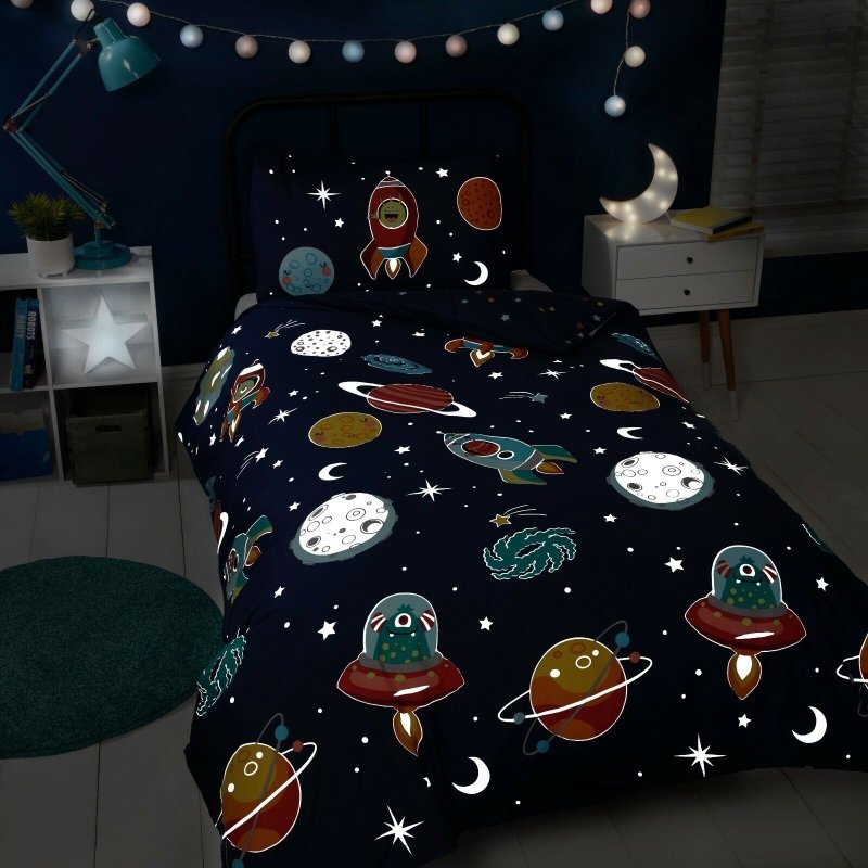 Space Alien Glow in the Night Kids Children Bedding Single Double Toddler Duvet Quilt Cover Set Boys Girls - Duvet Set - British D'sire