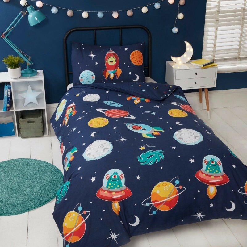 Space Alien Glow in the Night Kids Children Bedding Single Double Toddler Duvet Quilt Cover Set Boys Girls - Duvet Set - British D'sire