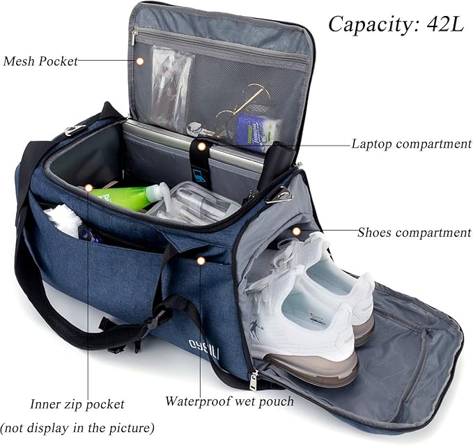 Sports Duffle Bag with Shoes Compartment and Wet Pocket, 42L Waterproof Gym Bag for Men and Women, Durable Travel Duffel Bag with Shoulder Strap and Combination Lock - Gym Bags - British D'sire