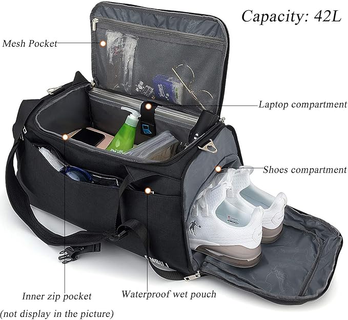 Sports Duffle Bag with Shoes Compartment and Wet Pocket, 42L Waterproof Gym Bag for Men and Women, Durable Travel Duffel Bag with Shoulder Strap and Combination Lock - Gym Bags - British D'sire