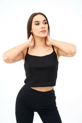 Square Neck Spaghetti Straps Cotton Crop Top for Womens in Black - Shirts & Tops - British D'sire