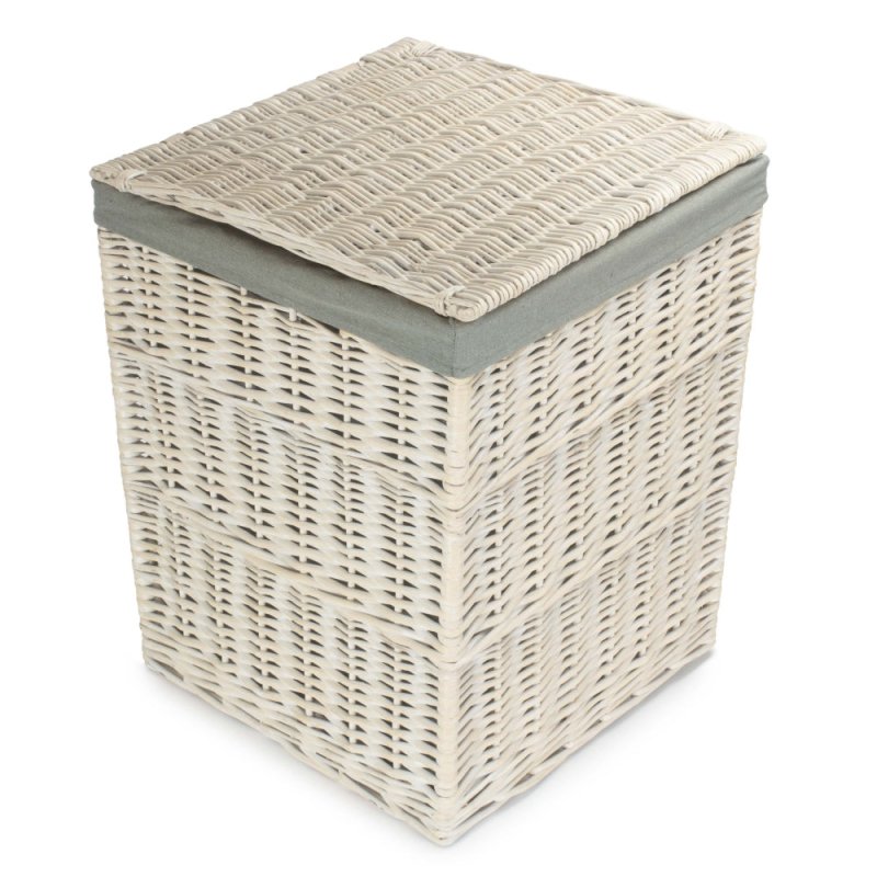 Square White Wash Laundry Hamper with Grey Sage Lining - Laundry Baskets - British D'sire