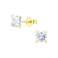 Sterling Silver 14kt Yellow Gold Plated 5mm Square CZ Stud Earrings - Stud Earrings - British D'sire