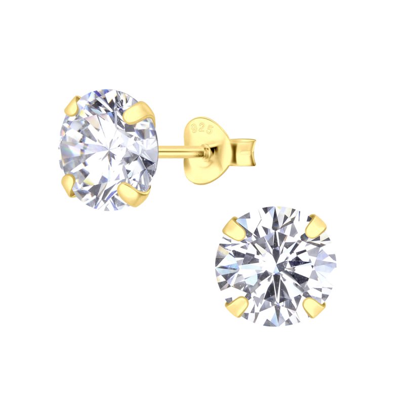 Sterling Silver 14kt Yellow Gold Plated 8mm Round CZ Stud Earrings - Stud Earrings - British D'sire