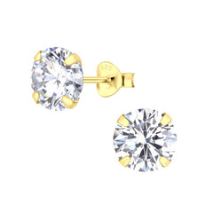 Sterling Silver 14kt Yellow Gold Plated 8mm Round CZ Stud Earrings - Stud Earrings - British D'sire