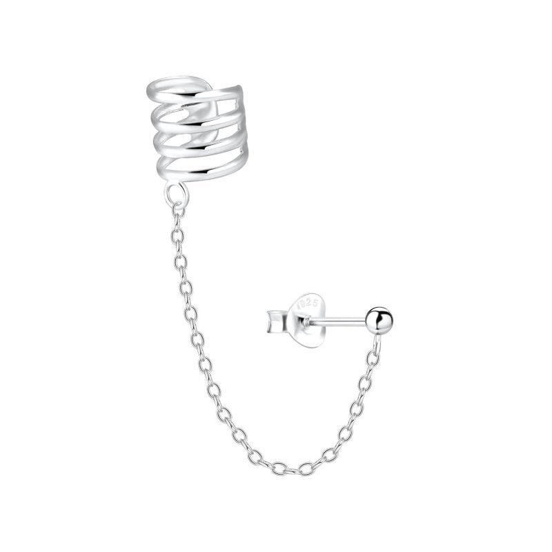 Sterling Silver Ball Stud Cuff & Chain Earring - Cuff Earrings - British D'sire