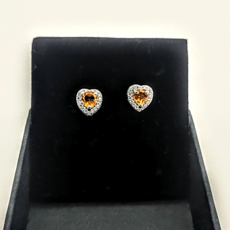 Sterling Silver Citrine & CZ Halo Heart Earrings - Stud Earrings - British D'sire