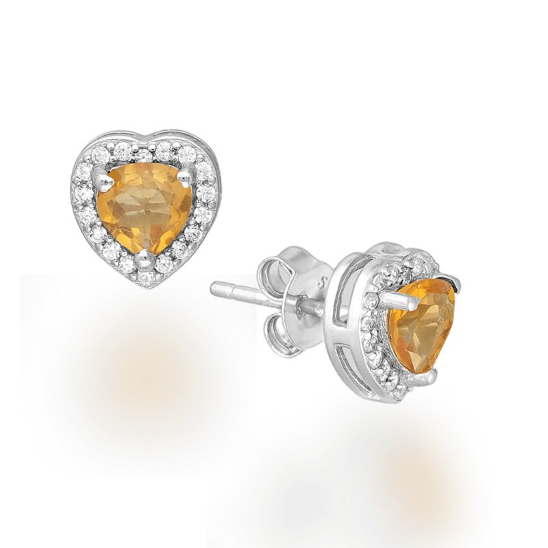 Sterling Silver Citrine & CZ Halo Heart Earrings - Stud Earrings - British D'sire