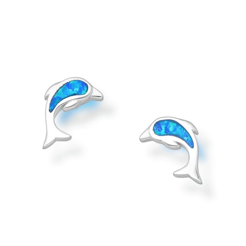 Sterling Silver Lab Created Opal Dolphin Stud Earrings - Stud Earrings - British D'sire