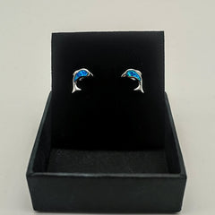 Sterling Silver Lab Created Opal Dolphin Stud Earrings - Stud Earrings - British D'sire