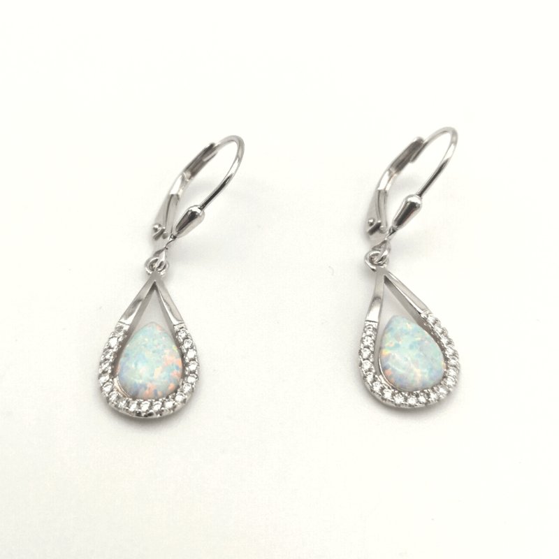 Sterling Silver Pear Cut White Lab Created Opal & CZ Halo Dangle Earrings - Drop Earrings - British D'sire