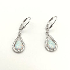 Sterling Silver Pear Cut White Lab Created Opal & CZ Halo Dangle Earrings - Drop Earrings - British D'sire