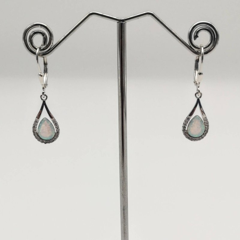 Sterling Silver Pear Cut White Lab Created Opal & CZ Halo Dangle Earrings - Drop Earrings - British D'sire