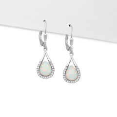 Sterling Silver Pear Cut White Lab Created Opal & CZ Halo Dangle Earrings - Drop Earrings - British D'sire