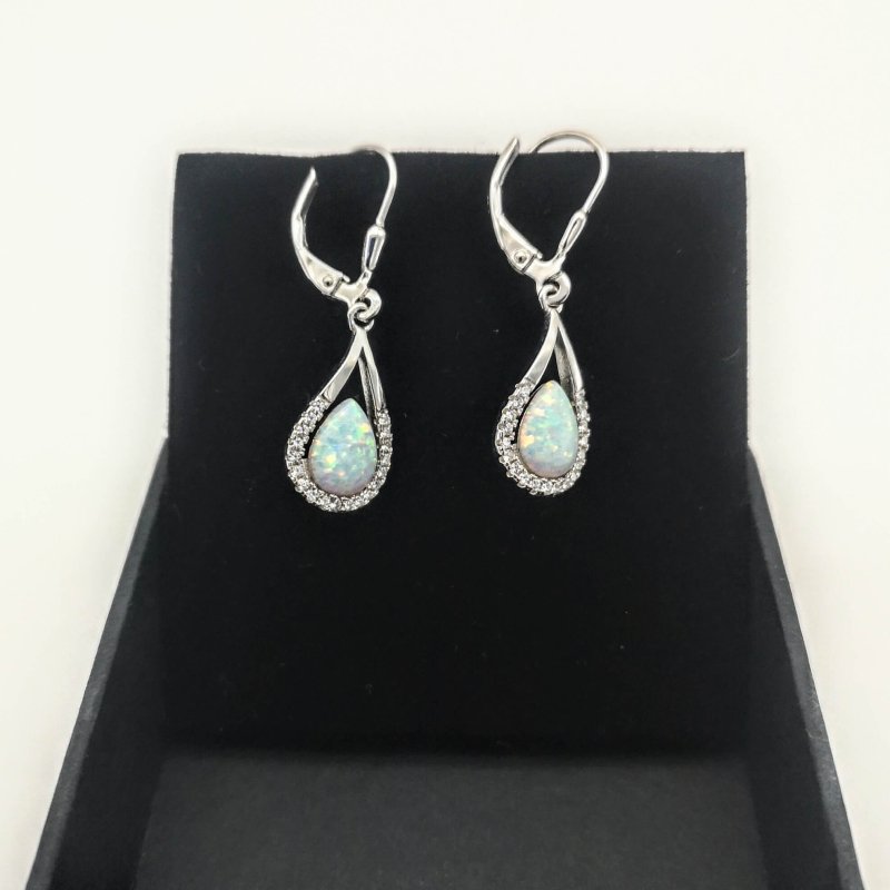 Sterling Silver Pear Cut White Lab Created Opal & CZ Halo Dangle Earrings - Drop Earrings - British D'sire