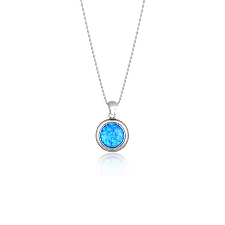 Sterling Silver Round Light Blue Created Opal Pendant - Pendants - British D'sire