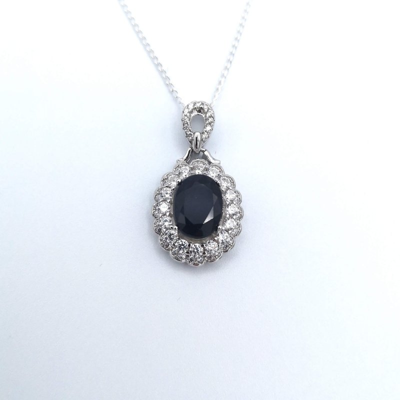 Sterling Silver Sapphire & CZ Double Halo Pendant - Pendants - British D'sire