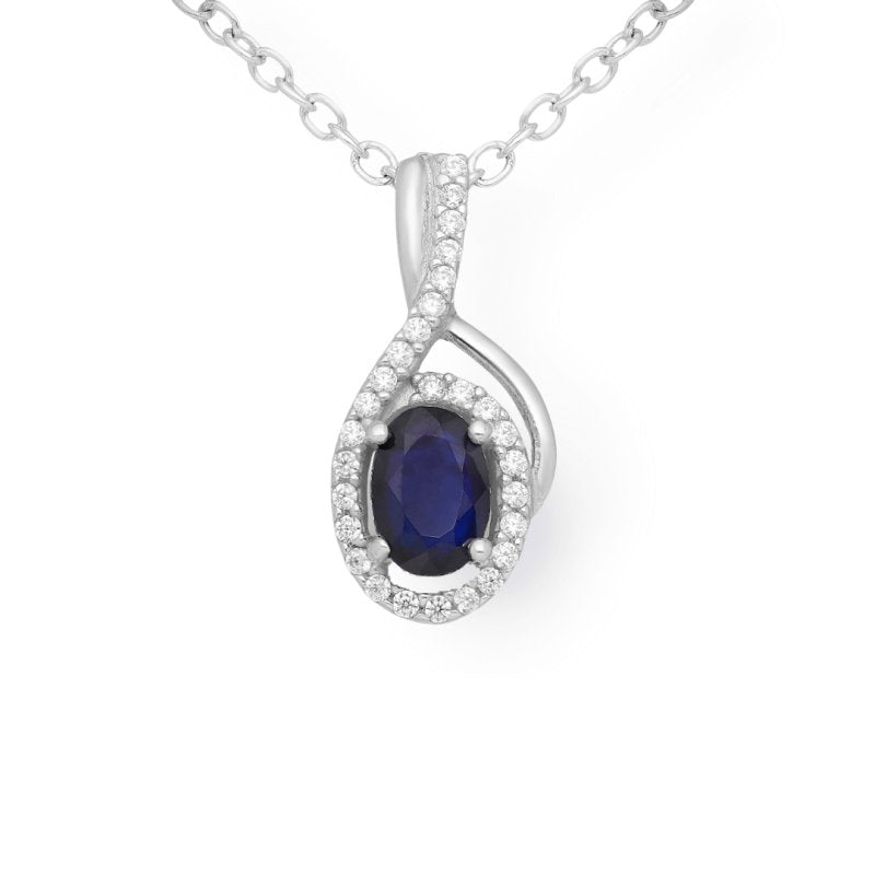 Sterling Silver Sapphire & CZ Halo Pendant - Pendants - British D'sire