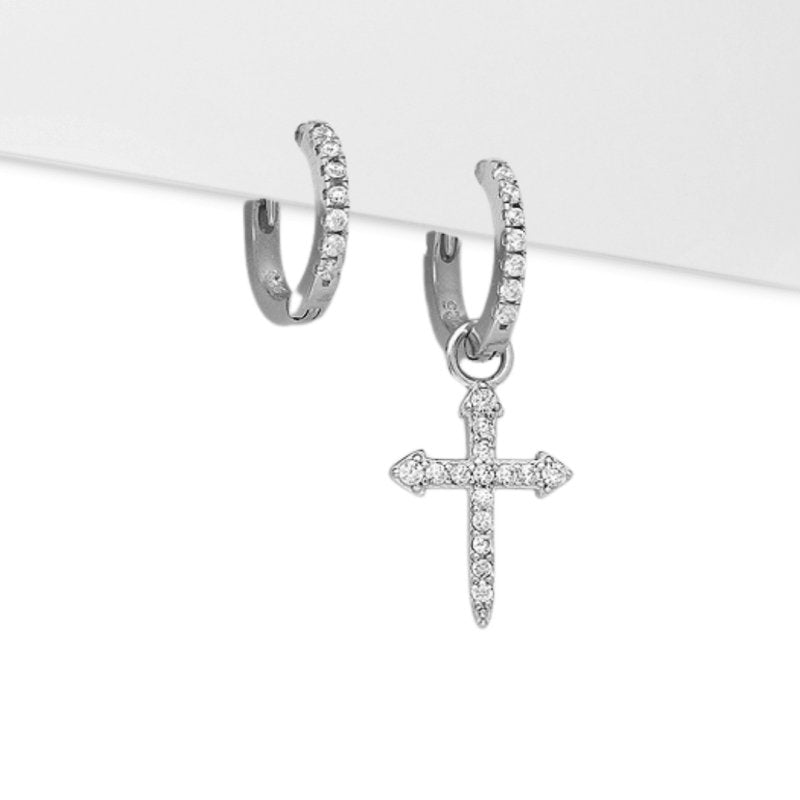 Sterling Silver Single Cross CZ Hoop Earrings - Hoop Earrings - British D'sire