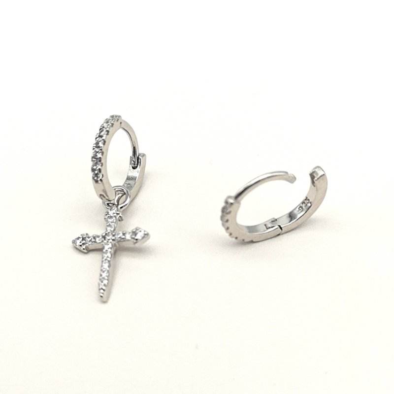 Sterling Silver Single Cross CZ Hoop Earrings - Hoop Earrings - British D'sire