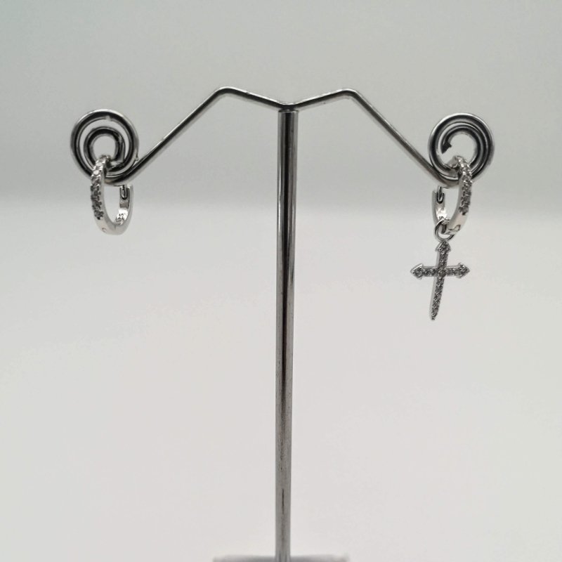 Sterling Silver Single Cross CZ Hoop Earrings - Hoop Earrings - British D'sire