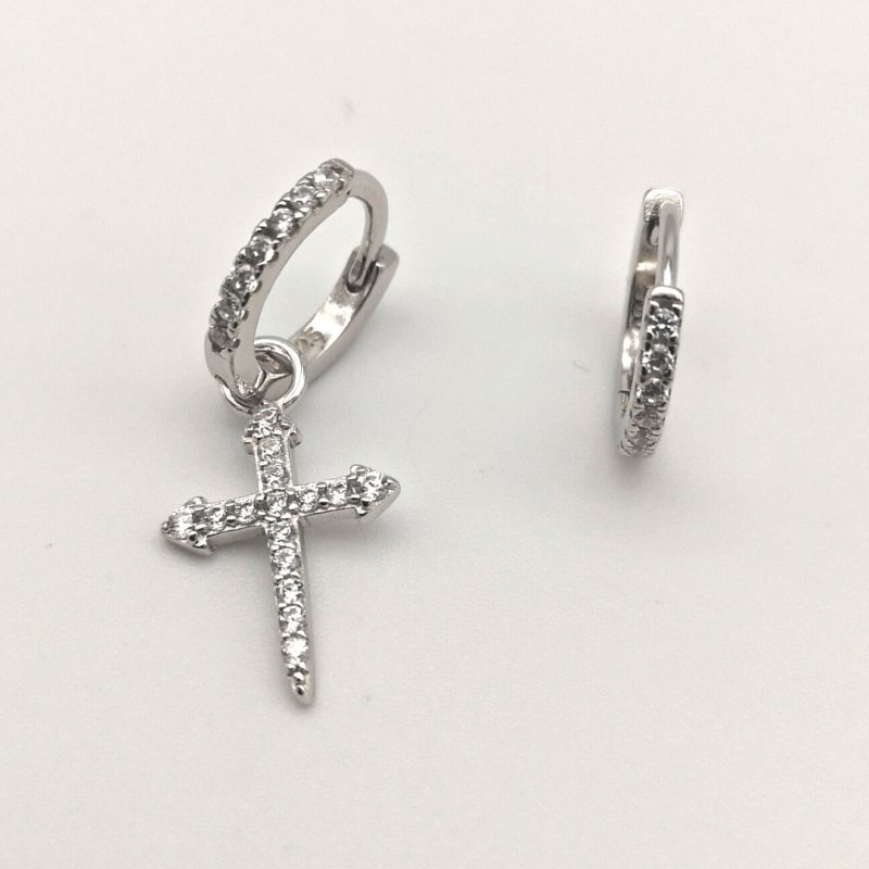 Sterling Silver Single Cross CZ Hoop Earrings - Hoop Earrings - British D'sire