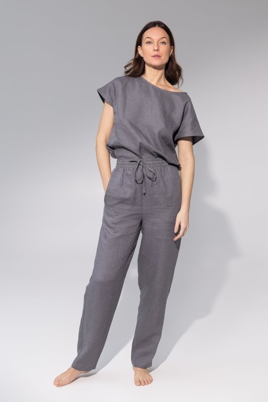 Striped Dark Grey linen / Natural Linen Pajama set / Linen loungewear / Linen sleepwear - Sleepwear & Loungewear - British D'sire