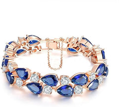 StunningBoutique "Chic Gold Plated Blue Sapphire Colour Austria Crystal Bangle Women Bracelet Party Jewellery 19CM/7.5IN (Blue, 18k yellow Gold plated) - Bracelets & Bangles - British D'sire