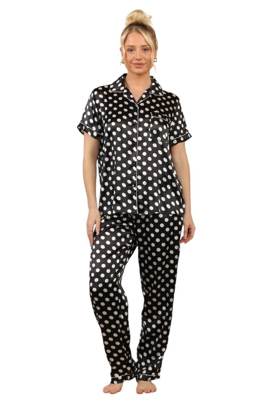 Stylish Black & White Polka Dot Satin Pajama Set for Women - Loungewear pjs - British D'sire