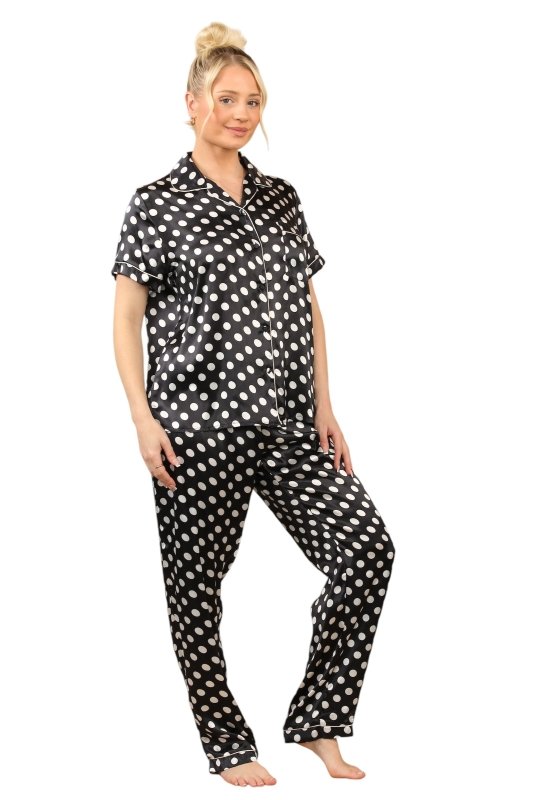 Stylish Black & White Polka Dot Satin Pajama Set for Women - Loungewear pjs - British D'sire