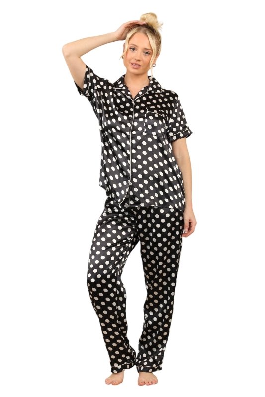 Stylish Black & White Polka Dot Satin Pajama Set for Women - Loungewear pjs - British D'sire