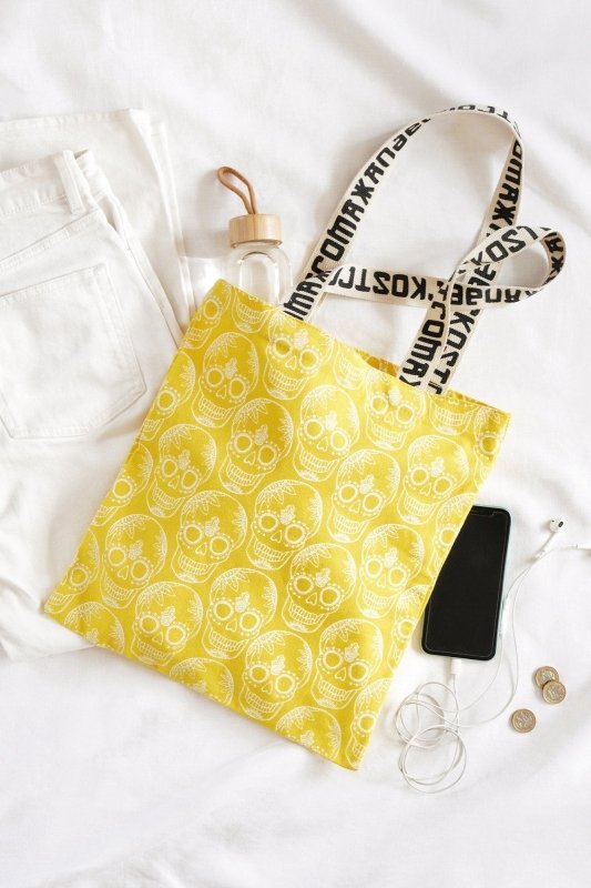 Sunshine Yellow Skull Print Cotton Shopper Tote Bag by Xander Kostroma - Handbags - British D'sire