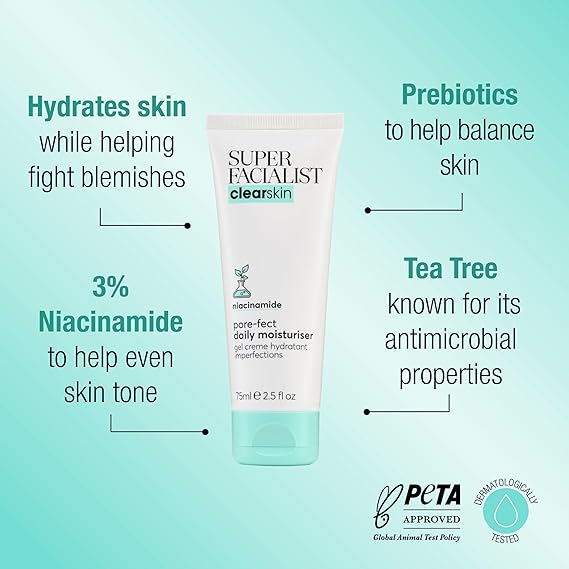 Super Facialist Pore - Fect Daily Moisturiser - Hydrate & Control Oil for Acne Treatment & Blackhead Remover with 3% Niacinamide, Tea Tree Oil & Prebiotics, Vegan Friendly 75ml - Moisturisers - British D'sire