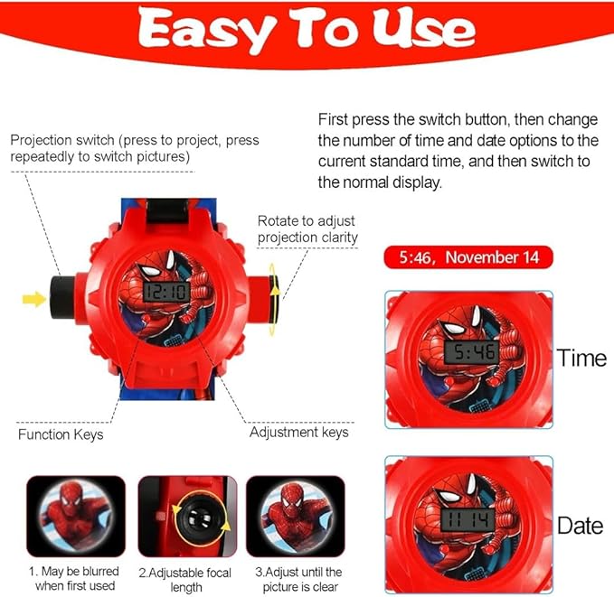 Superhero with 24 Figurines Projector Watch, Boy’s Electronic Watch, Projection Toys, Red - Kids watches - British D'sire