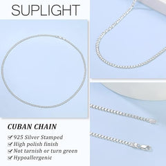 Suplight Solid 925 Sterlings Silver 3mm Flat Curb Chain Necklace, Hip Hop Jewellery for Men Women - Unisex Jewellery - British D'sire