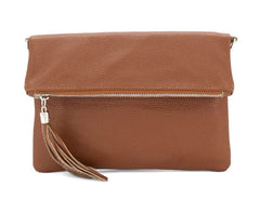 Tan Chiara Italian Designer Soft Foldover Leather Clutch - British D'sire