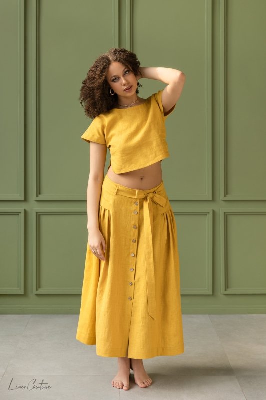 Taormina Honey Linen Crop Top and Midi Skirt Set - British D'sire