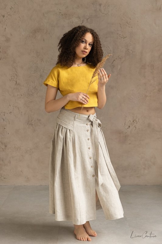 Taormina Honey Linen Crop Top and Midi Skirt Set - British D'sire