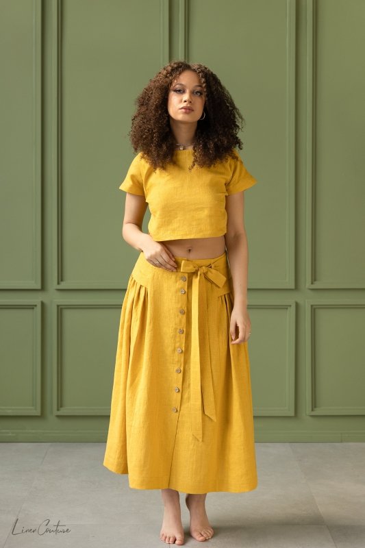 Taormina Honey Linen Crop Top and Midi Skirt Set - British D'sire