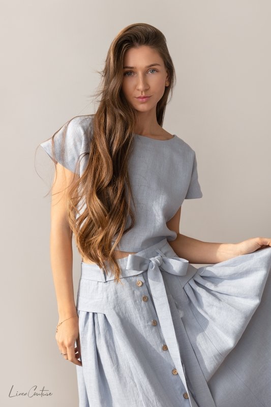 Taormina Ice Blue Linen Crop Top and Midi Skirt Set - British D'sire