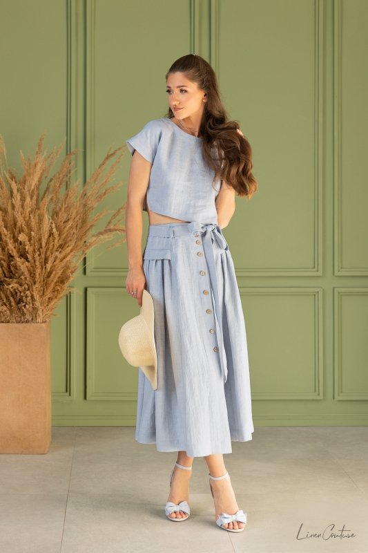 Taormina Ice Blue Linen Crop Top and Midi Skirt Set - British D'sire