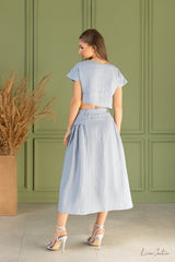 Taormina Ice Blue Linen Crop Top and Midi Skirt Set - British D'sire