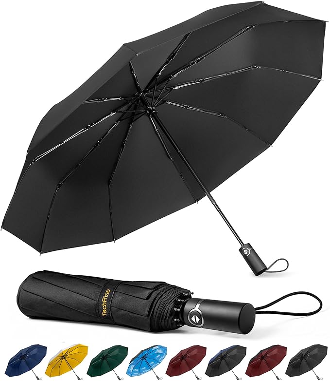 TechRise Umbrella Windproof Travel Umbrella: 10 Ribs Automatic Compact Strong Wind Proof Umbrella, One Button Auto Open Close Wind Resistant Folding Lightweight Portable Umbrella for Men Women - Luggage & Bags - British D'sire