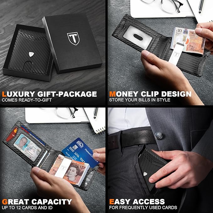 TEEHON Mens Wallets Slim RFID Blocking Carbon Fiber Leather Wallets Mens with up to 12 Credit Card Holder, Strong Money Clip & ID Window Minimalist Bi - Fold Wallets for Men UK with Gift Box - Black - Men's Wallets - British D'sire