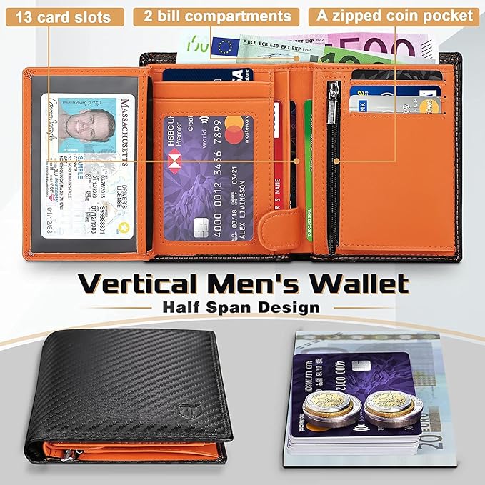 TEEHON® Wallets RFID Blocking Carbon Fibre Leather Mens Wallets with Zip Coin Pocket, 11 Card Holders, 2 ID Windows, 2 Banknote Compartments, Trifold Vertical , Black Orange - Men's Wallets - British D'sire