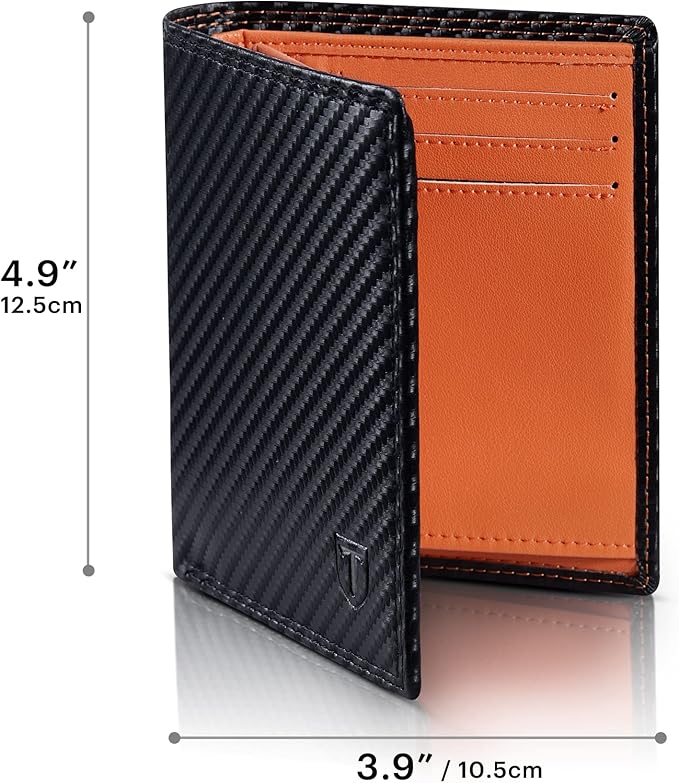 TEEHON® Wallets RFID Blocking Carbon Fibre Leather Mens Wallets with Zip Coin Pocket, 11 Card Holders, 2 ID Windows, 2 Banknote Compartments, Trifold Vertical , Black Orange - Men's Wallets - British D'sire